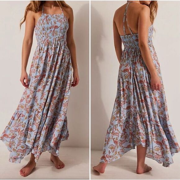 Free People Dress Women XS Blue Heat Wave Floral Smocked Asymmetrical Boho Fairy - Picture 1 of 9